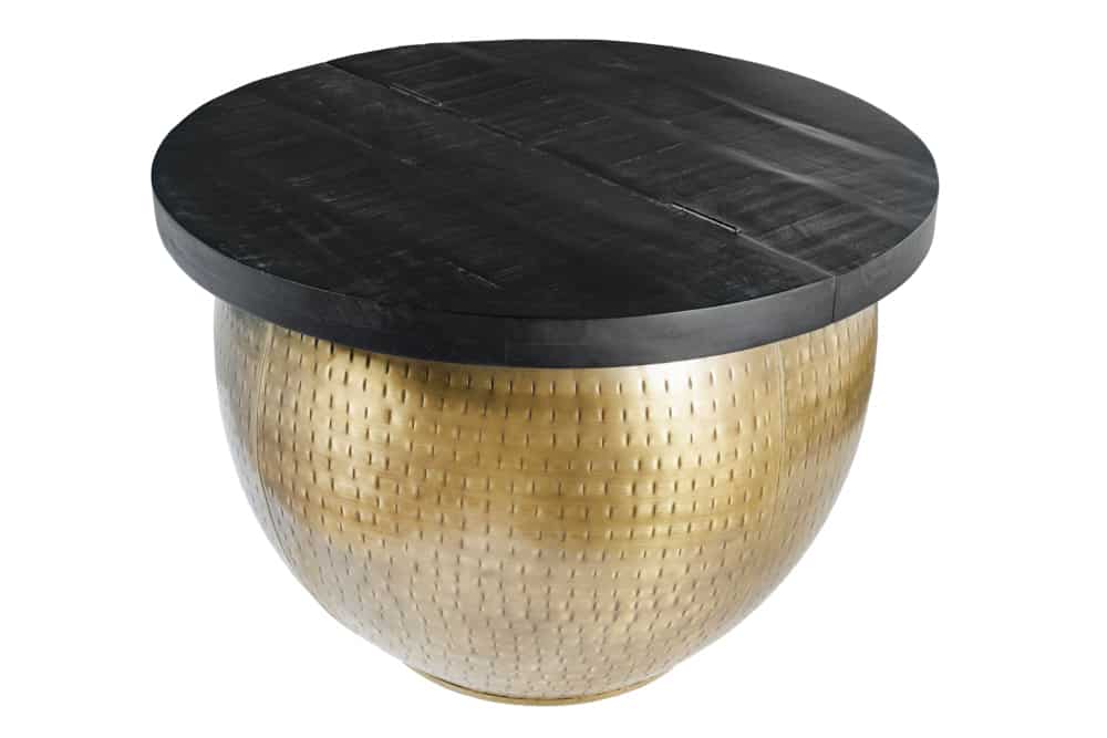 Runder Couchtisch DRUMP STORAGE 60cm gold schwarz Mangoholz Metall mit Stauraum Hammerschlag