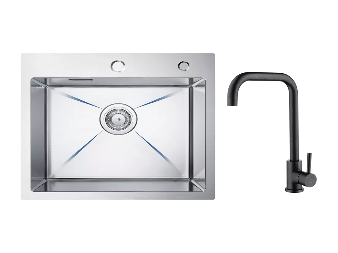 CECIPA MAX Évier Cuisine 1 Bac 50×45×18.5CM Évier Inox Brossé + Mitigeur de Cuisine en Inox Noir étoilé avec Bec Haut et Incurvé