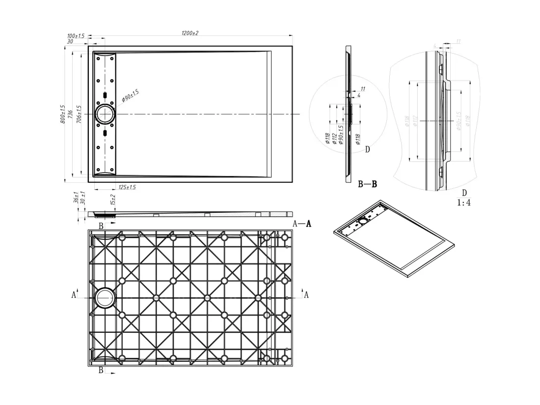 Receveur extra-plat à poser ou à encastrer découpable en résine SMC avec siphon - Gris - 120 x 80 cm - LYROSA