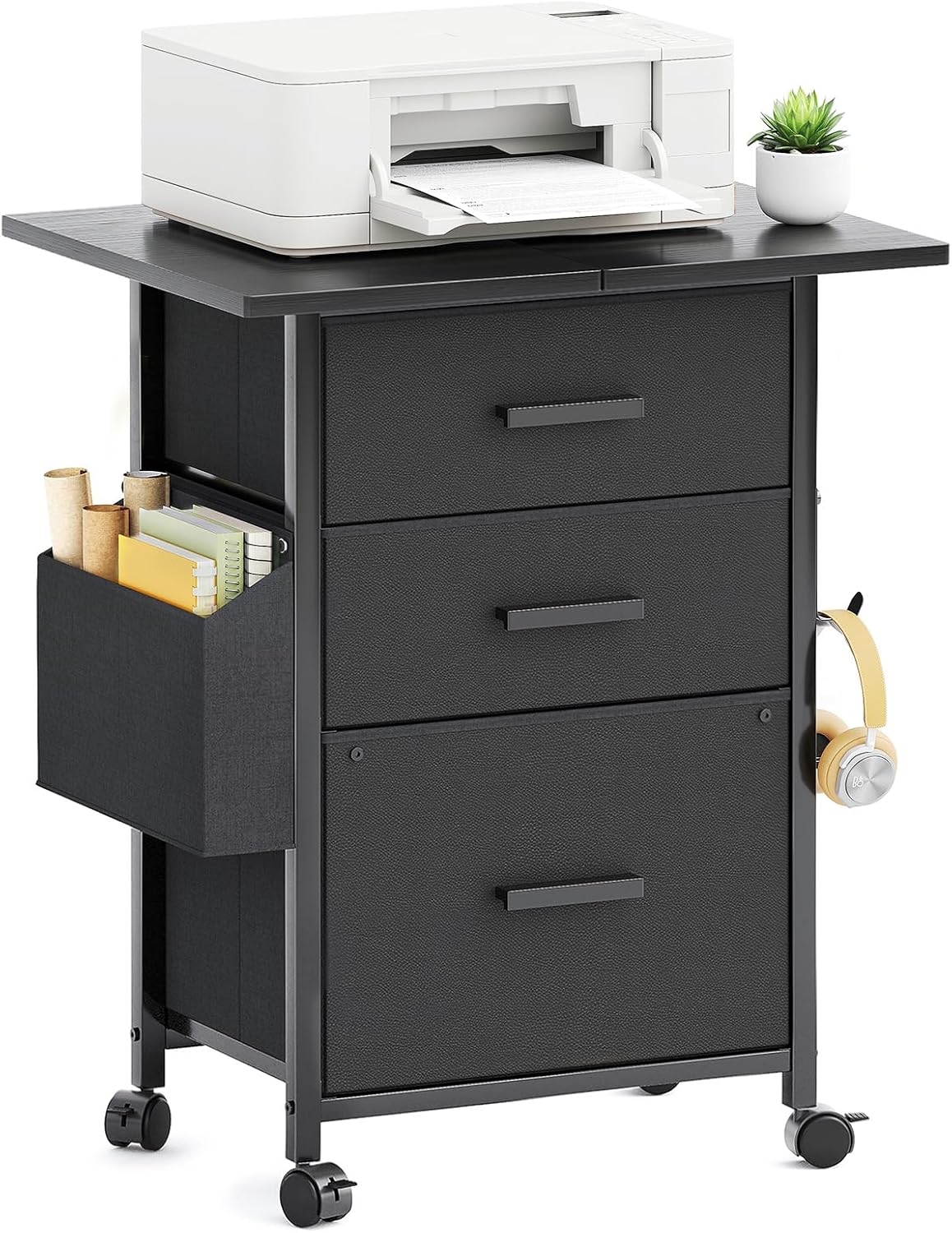Rollcontainer, Aktenschrank, mit 3 Schubladen und Rollen, für Dokumente in DIN A4, Letter-Format, Druckerständer mit Einer Tischbreite von 56 cm, Industrie-Design, Schwarz