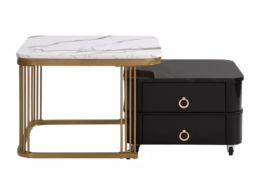 Lot de 2 tables basses gigognes avec 2 tiroirs - plateau en MDF à motif de marbre - Blanc