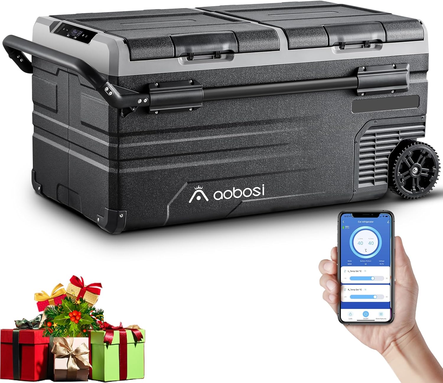 AAOBOSI 115L Glaciere Electrique Double Zone,Glaciere a Compression WiFi APP,12 V/24 V et 100-240 V Frigo Camping, -20 ℃ à 20 ℃, pour Voiture, Camion, Bateau, Camping, Car, Caravanes, Voyageant,Maison