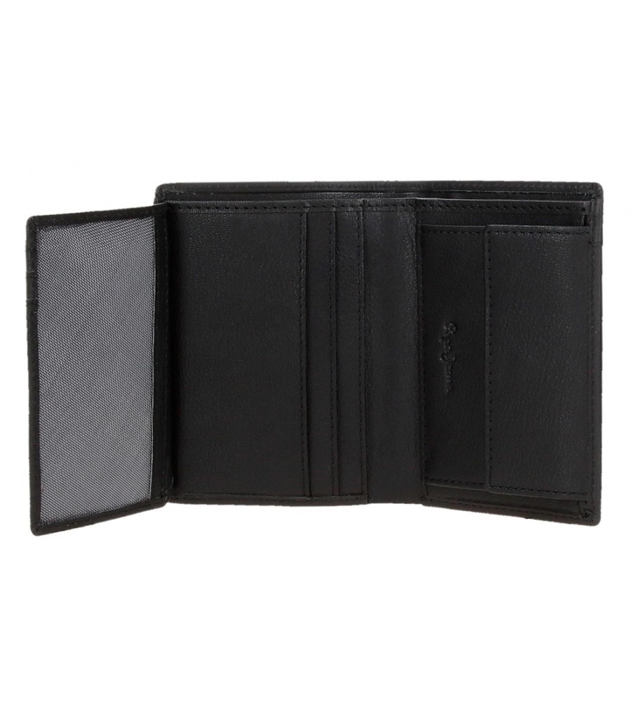 Carteira Pepe Jeans Vertical Staple em couro com porta-moedas, preta.