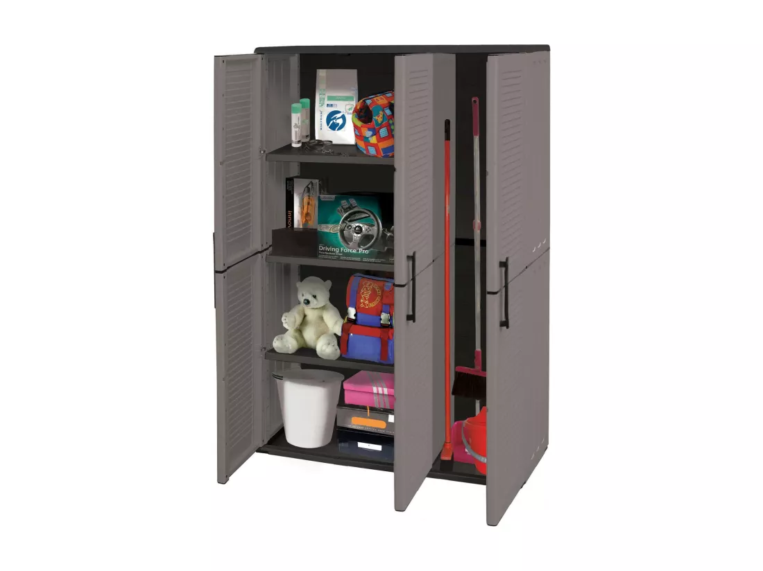 Armoire extérieure ou intérieure, 3 portes et 3 niveaux en polypropylène ajustables, 100% fabriqués en Itala, 102x37h163 cm, couleur grise