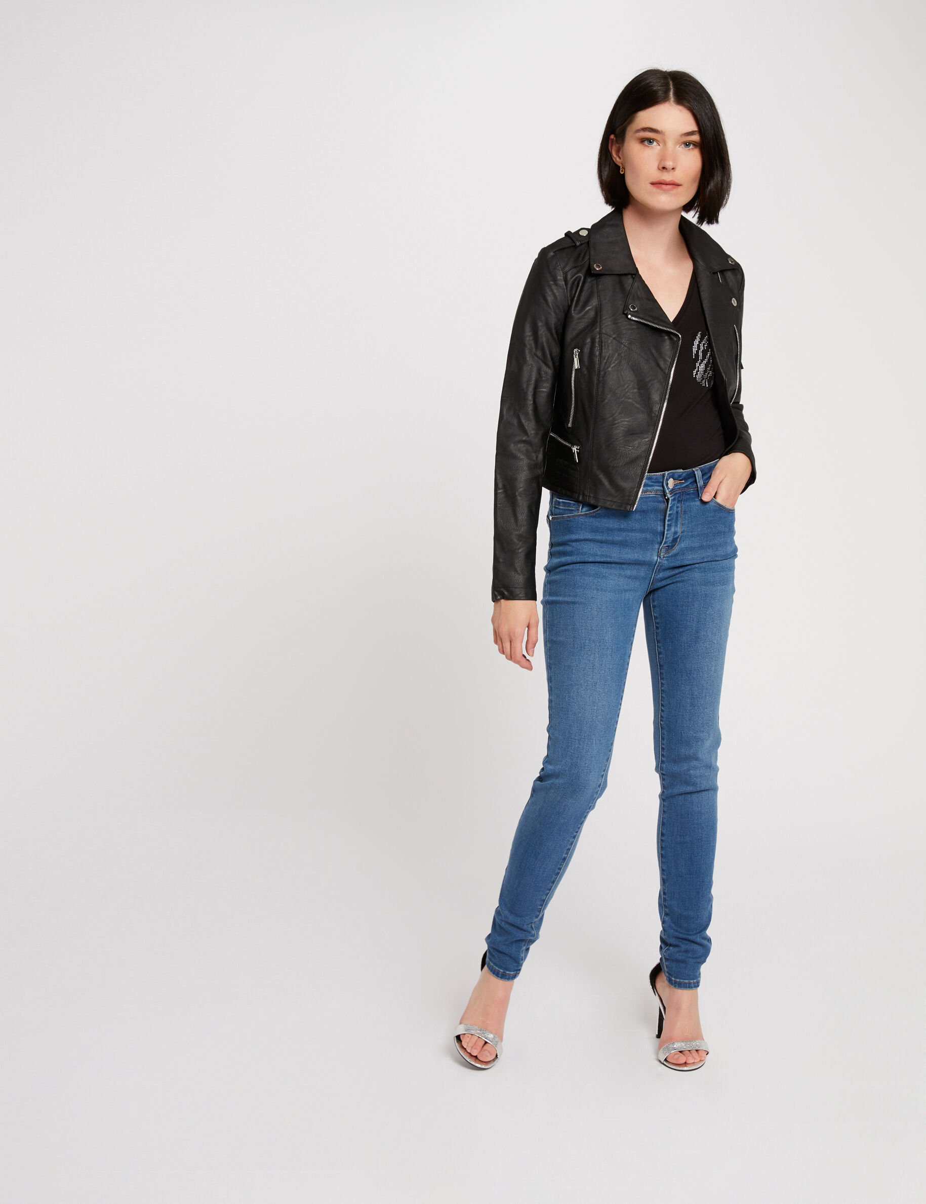 Blouson droit avec col cranté à revers noir femme - noir