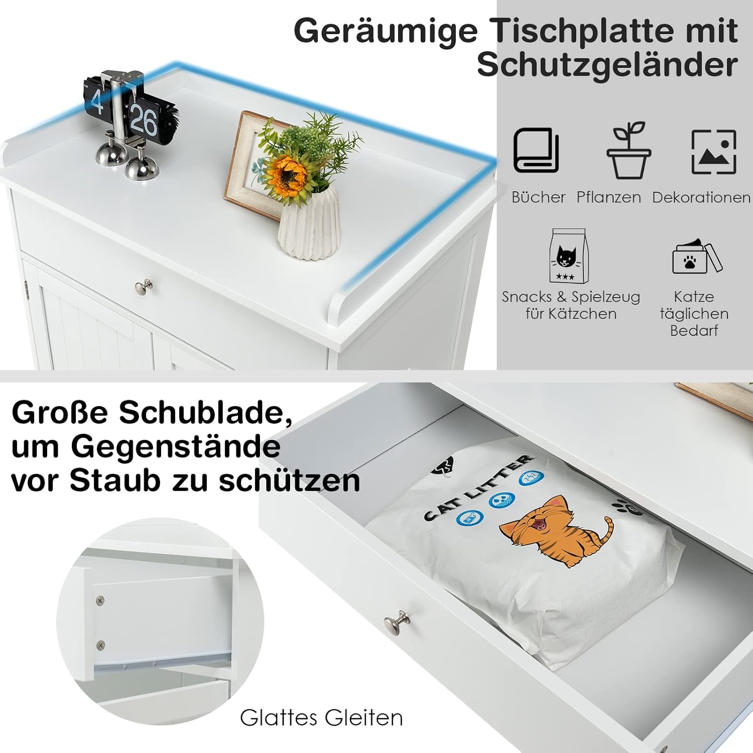 COSTWAY Katzenschrank mit Schublade & Tür & Eingang, 3-in-1 Katzenhaus Katzentoilette Beistelltisch, Schrank Katzenklo Katzenkommode, Katzenhöhle Haustierbox, Katzenmöbel (Weiß)