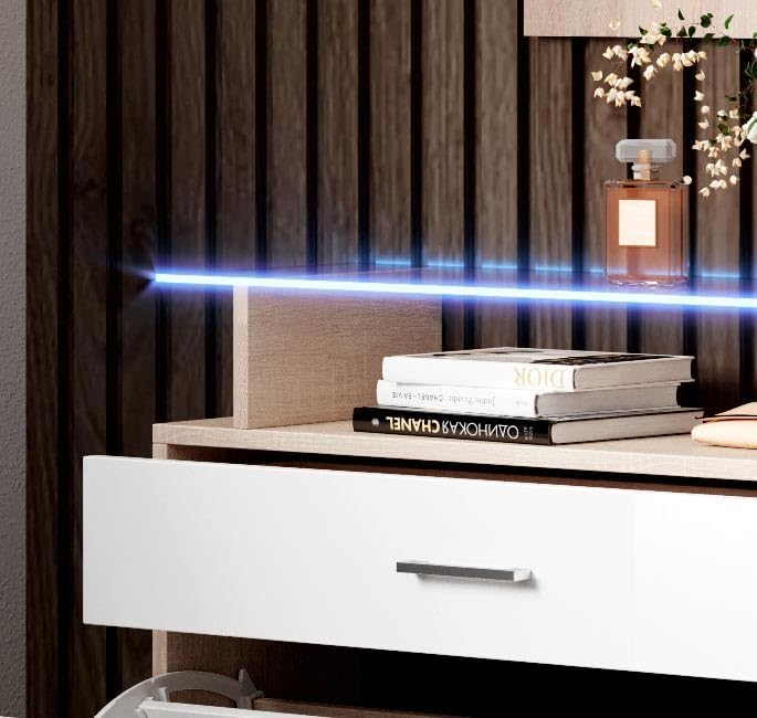 MB Muebles Bonitos | Flurmöbel mit Schuhschrank | Breite 89 x Höhe 105 x Tiefe 24 cm | Glasablage mit LED | Glänzendes Melamin | Farbe Sonoma und Weiß | Schuhregal für die tür | Modell Paola