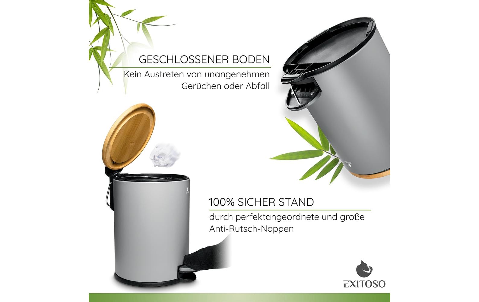 Tretmülleimer mit Softclose-Deckel 3 l, GrauAbfalleimer aus Bambus