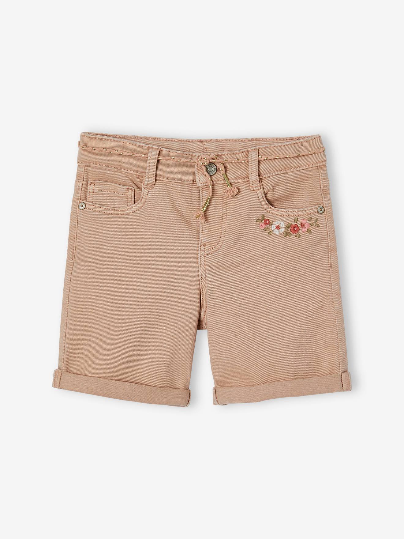 Bermuda rosa cor de maquiagem com bordado floral para meninas
