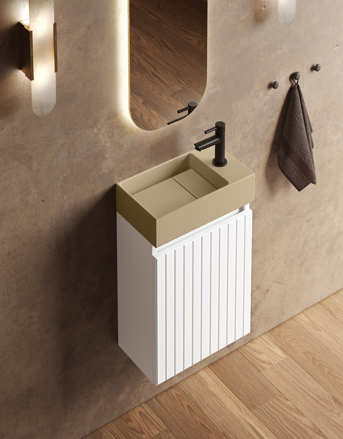 Fontana Itsie toiletmeubel mat wit ribbelfront 40cm met fontein in mat licht ivoor