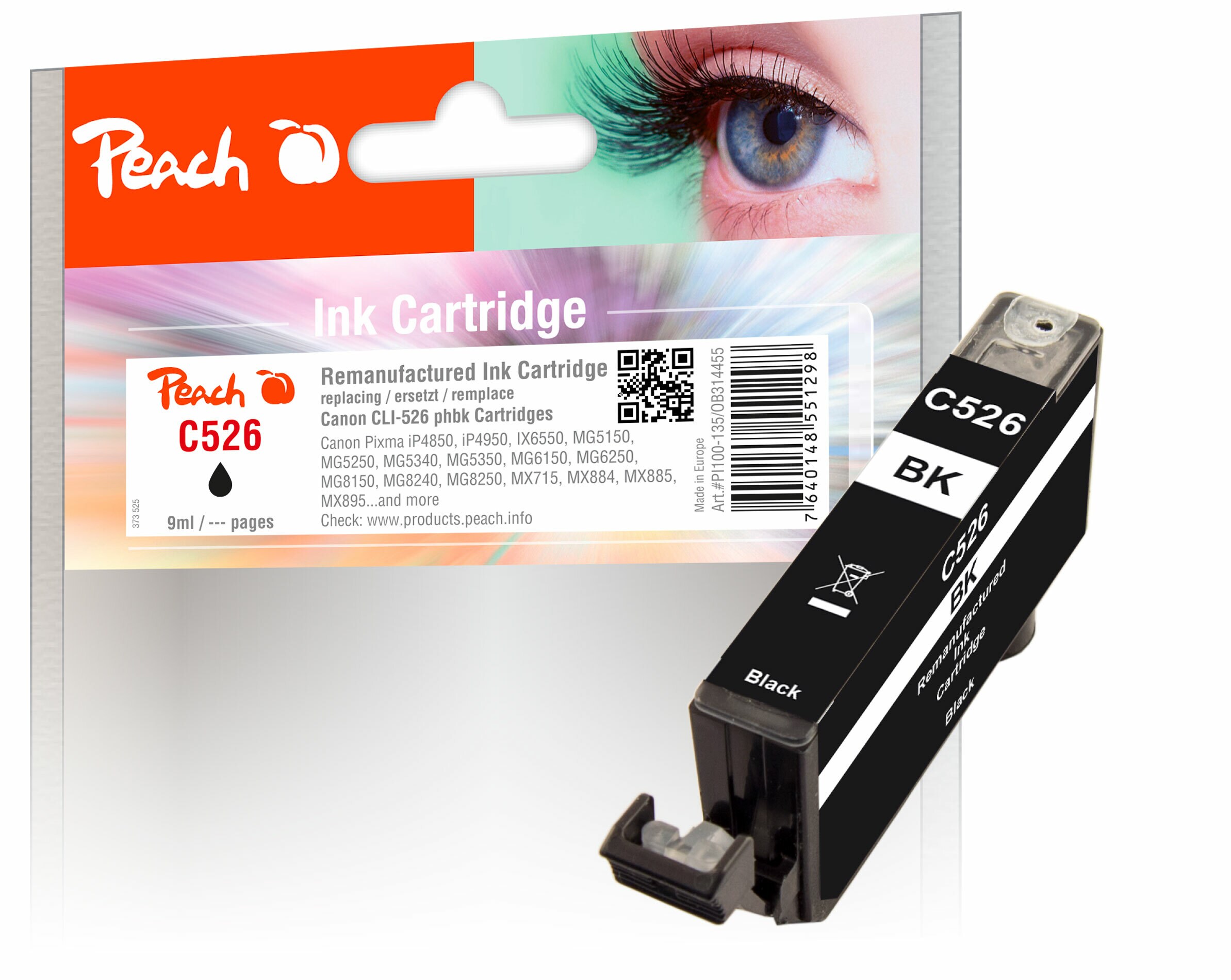 Peach C526 BK Druckerpatrone XL bkph ersetzt Canon CLI-526BK, 4540B001 für z.B. Canon Pixma MG 5150, Canon Pixma MG 6250, Canon Pixma IX 6550 (wiederaufbereitet)