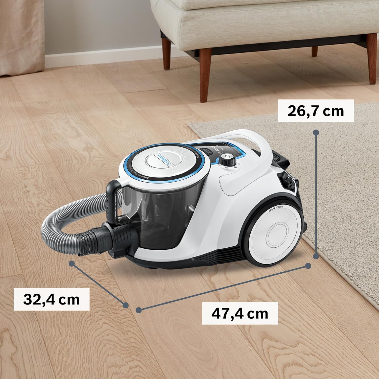 Bosch Staubsauger beutellos Serie 6 BGC41LSIL, Bodenstaubsauger, ideal für Allergiker, Hygiene-Filter, für Parkett, Teppich, Fliesen, leise, langes Kabel, Polster-Düse, weiß