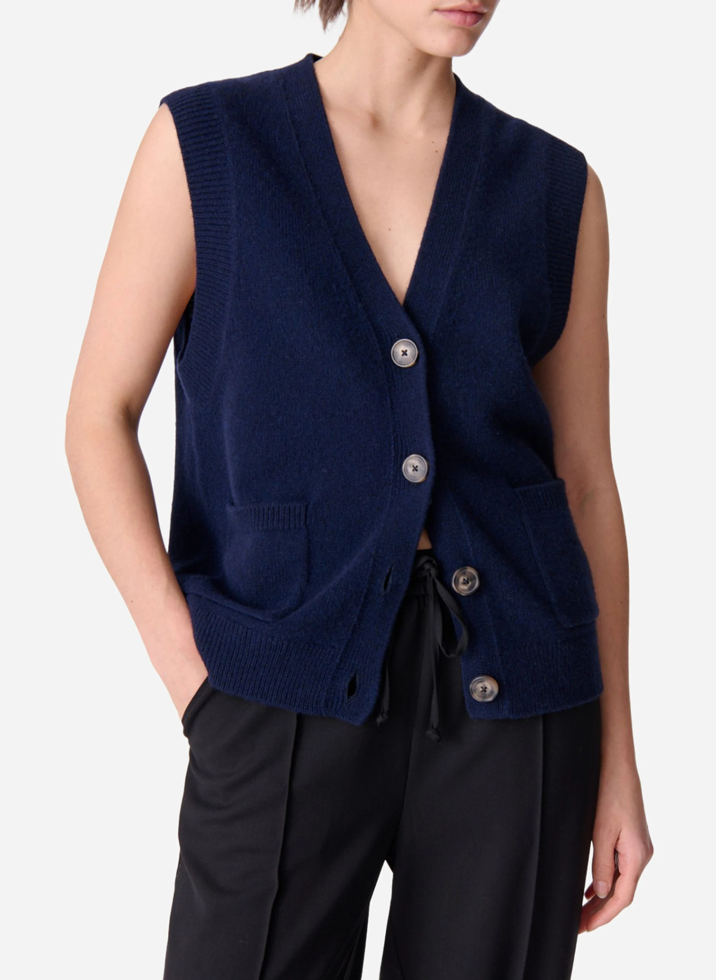 DASHLEY - Gilet droit col V en laine | Bleu