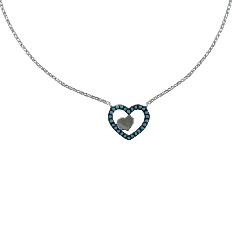 Collier Argent Rhodié Coeur et Points Bleus