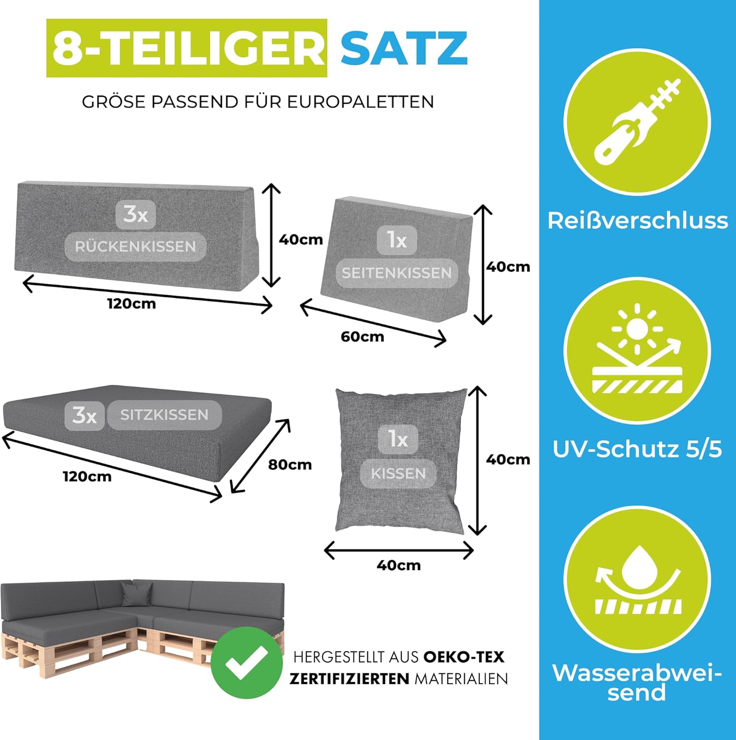 Palettenkissen 8-teiliges Set | Palettenauflage für Palettensofa | Rückenkissen & Sitzkissen für Europaletten | Palettenmöbel für Indoor & Outdoor mit UV-beständig | Made in EU | Graphit