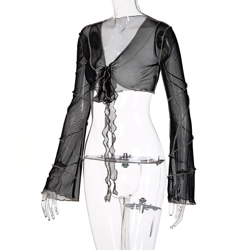 MOONGATE - Lange mouwen V-hals mesh cropped open vest