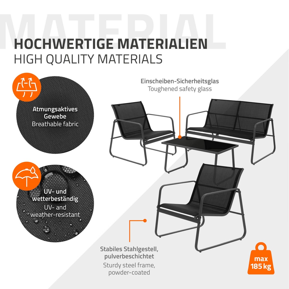 ML-Design 4-delige tuinmeubelset, zwart, balkonmeubel van staal & textileen voor 4 personen, tuinzitgroep met glazen tafel, bank en 2 fauteuils, weerbestendig, tuinmeubelset voor balkon, terras