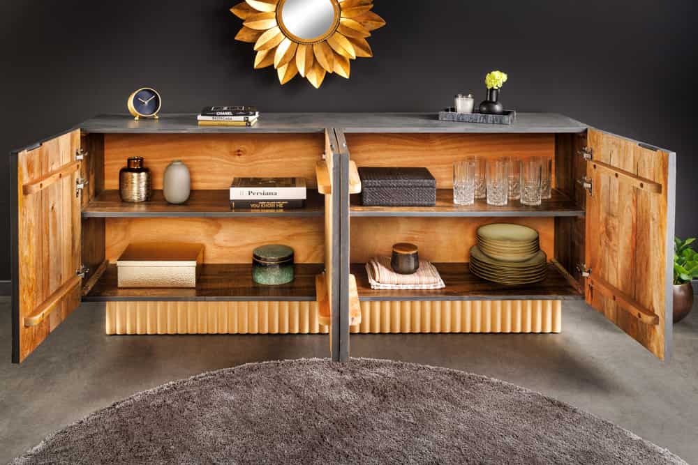 Handgefertigtes Sideboard PIAZZA SAN MARCO 180cm grau gold Mangoholz massiv 3D-Design