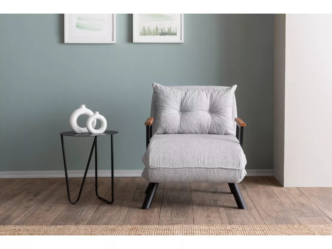 Fauteuil convertible Yolanda Métal Noir et Tissu bouclette Gris