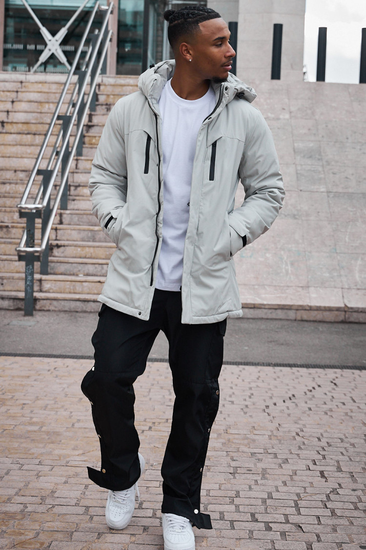 Parka grise à capuche mi-longue