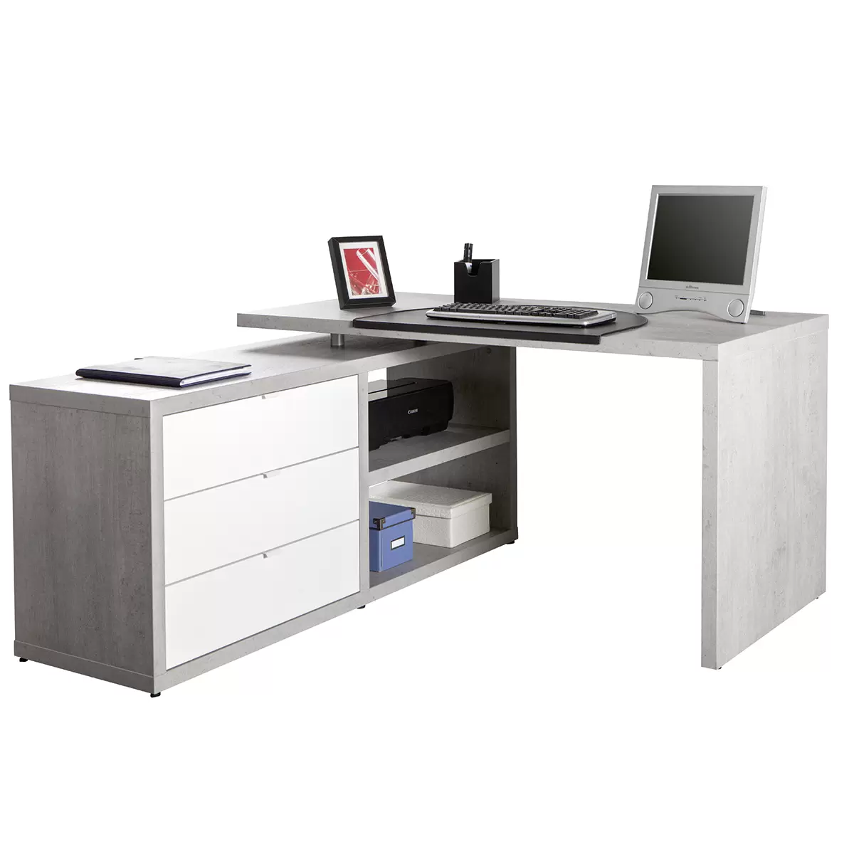 Eckschreibtisch Practico (beidseitig montierb) grau,weiss