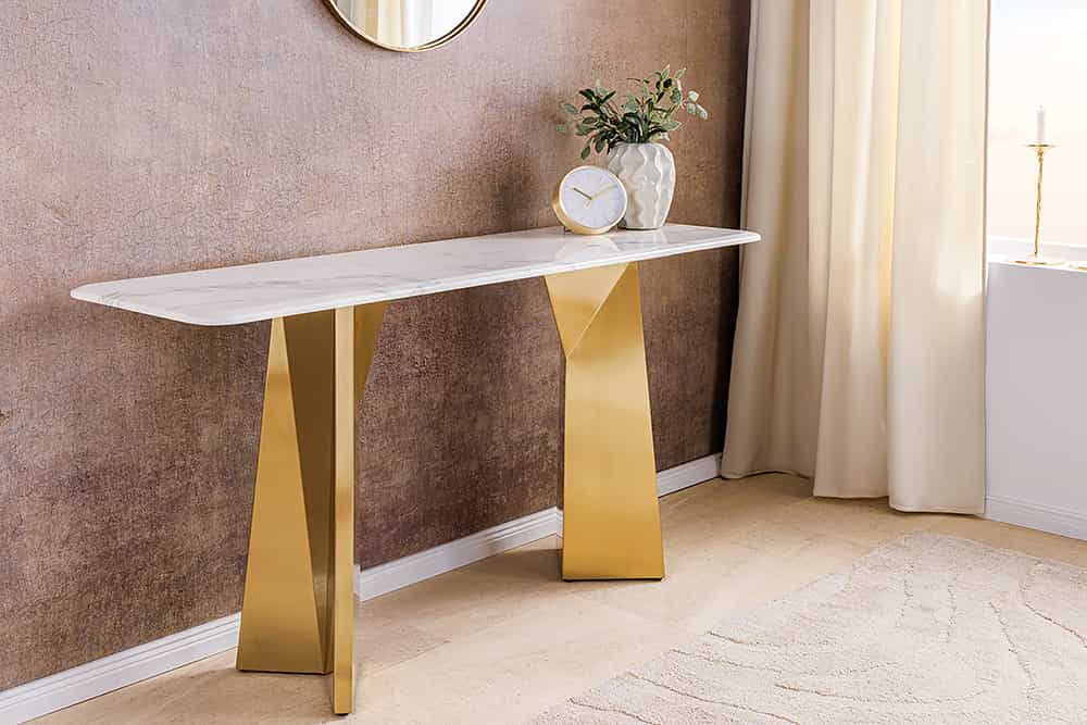 Design Konsolentisch EXTRAVAGANCIA 140cm weiß Marmor brushed champagner gold Metall