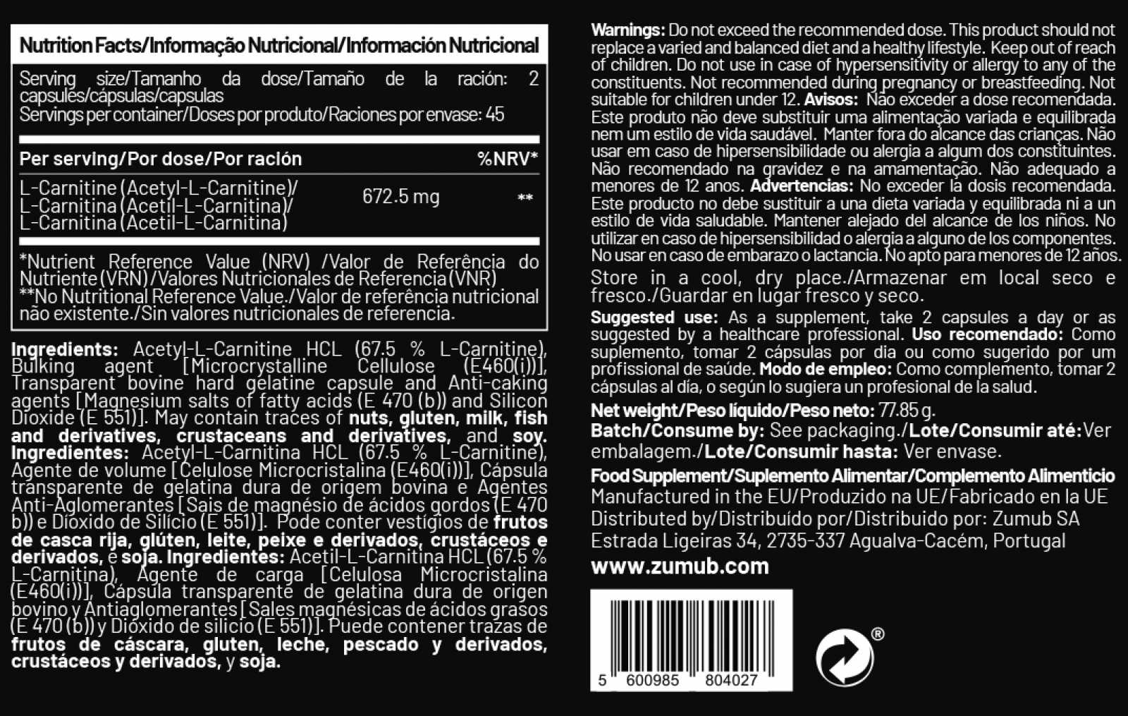Zumub Acetil L-Carnitina 90 cápsulas