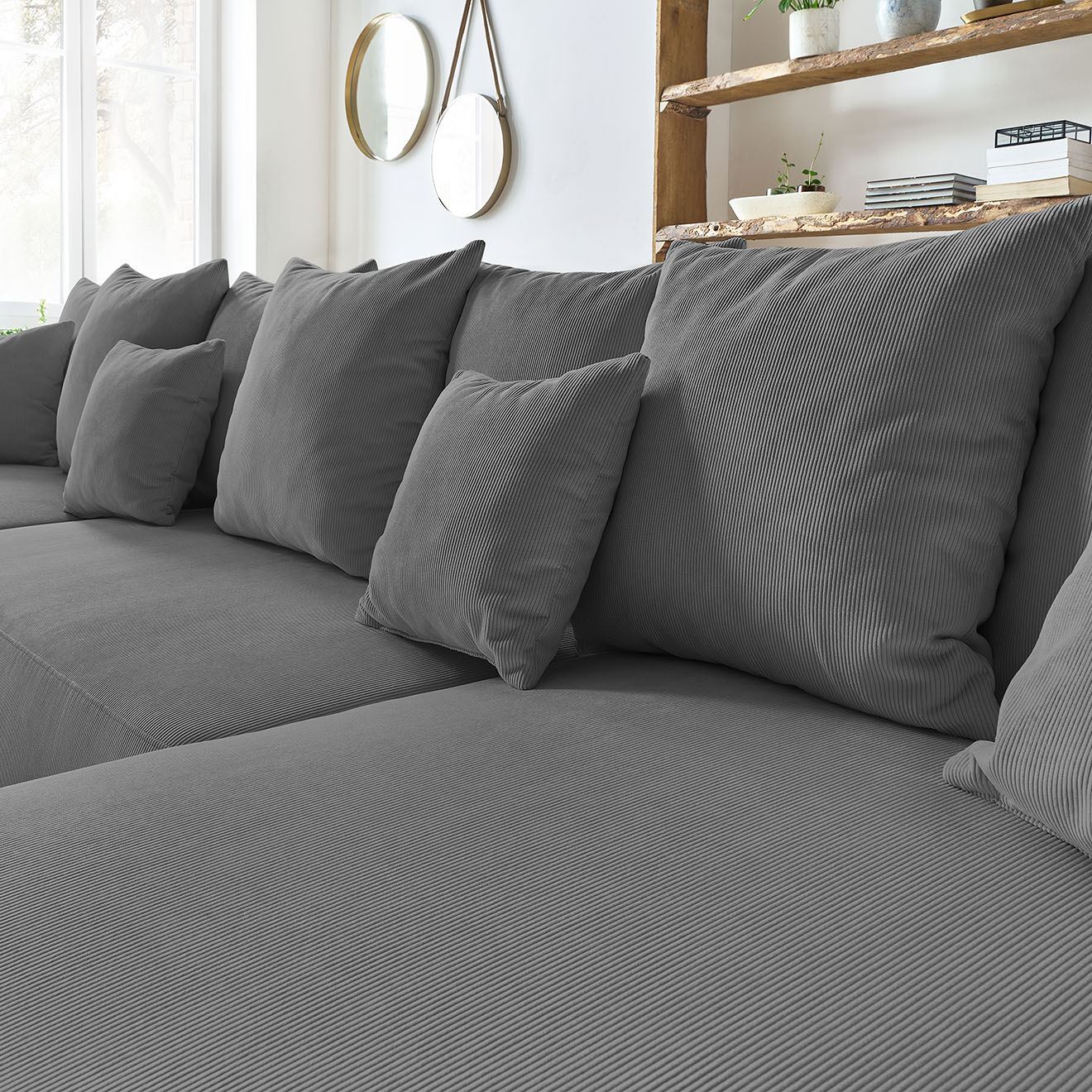 Bobochic Canapé panoramique convertible coffre velours côtelé envy gris foncé - 386x153x95 cm
