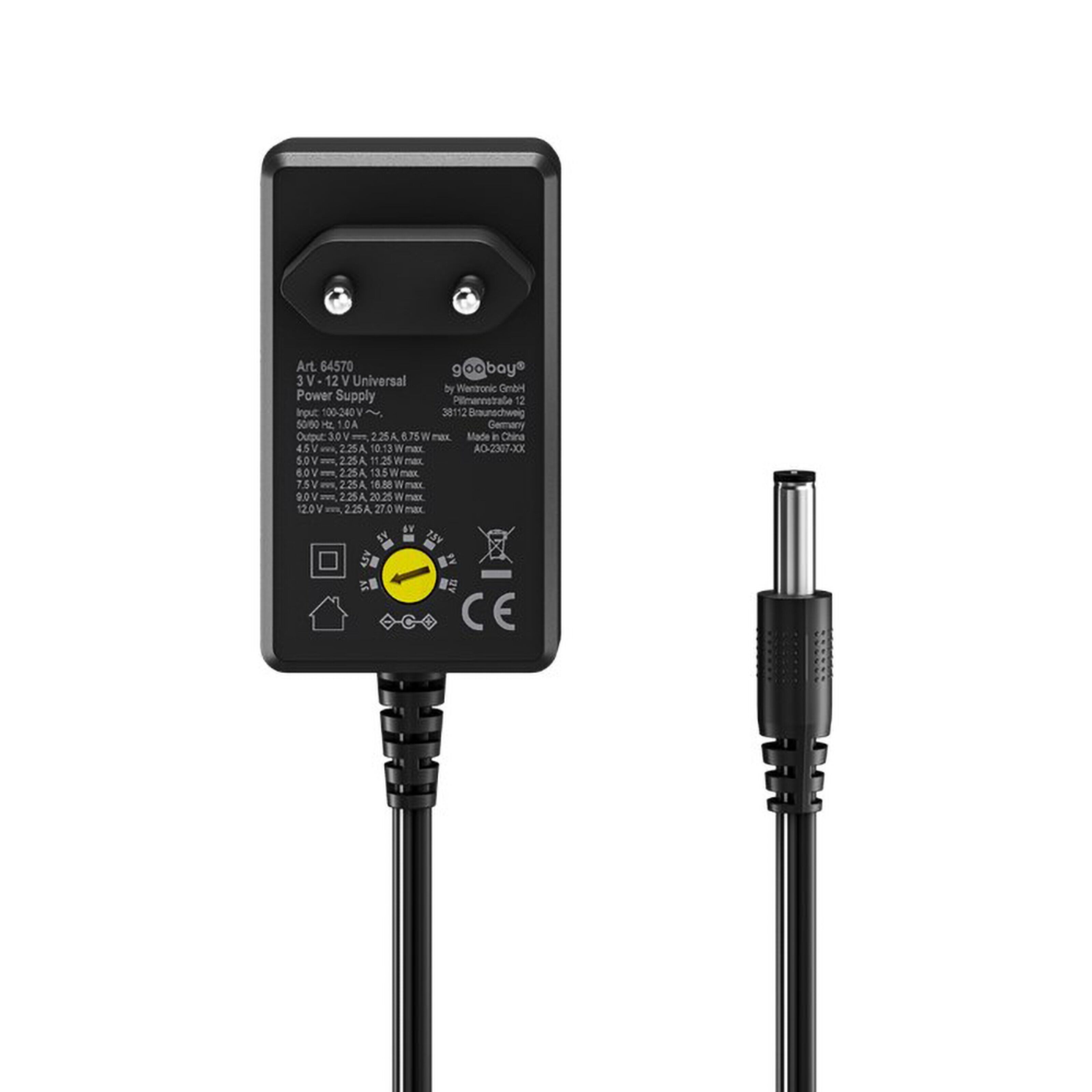 Justerbar strømadapter 3–12 V (DC) 27 W