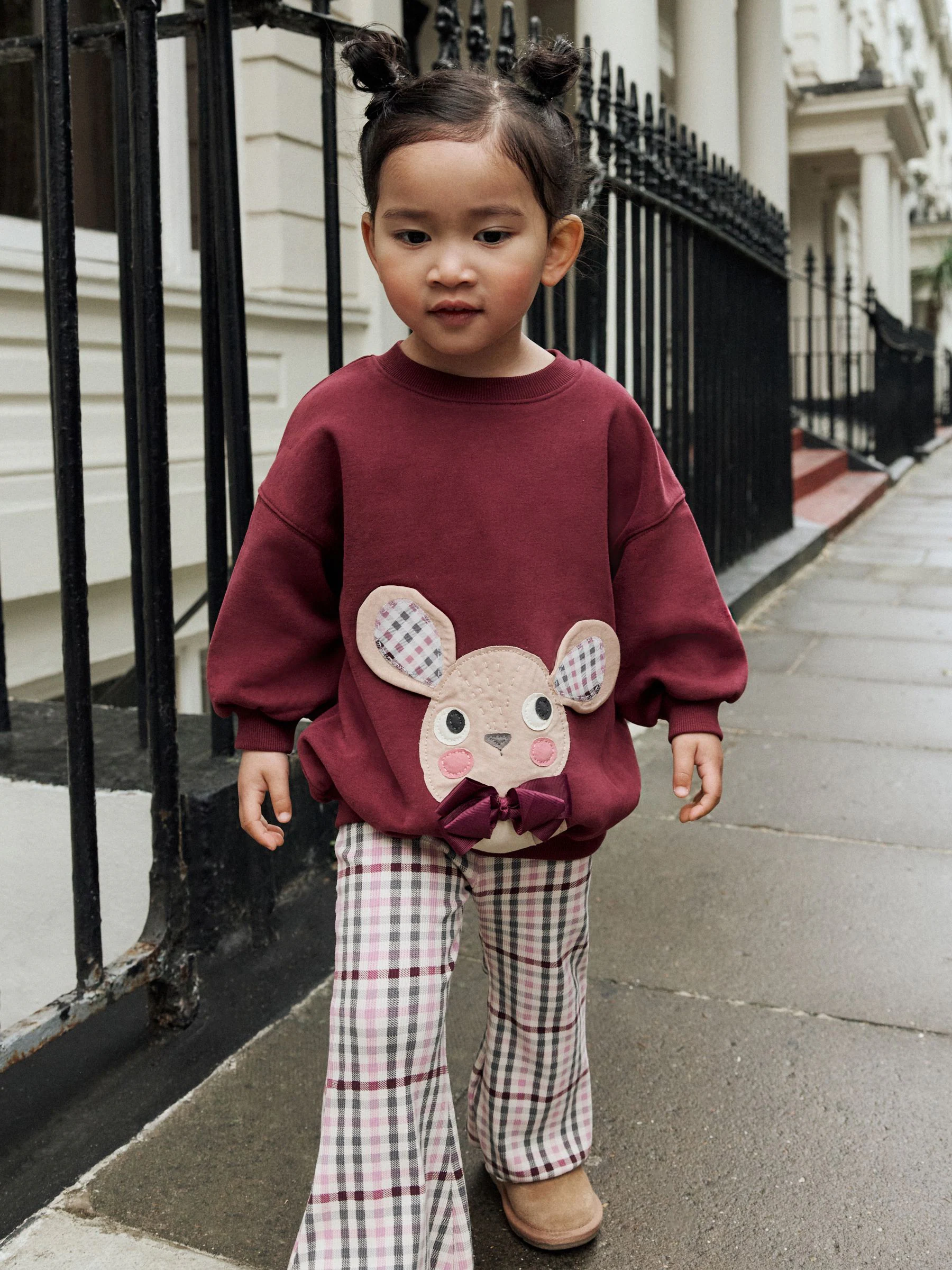 Burgundy Red Check Mouse - Set van sweatshirt en uitlopende legging (3 mnd - 7 jr)