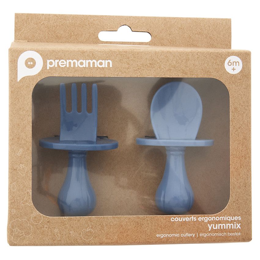 Lot de 2 couverts ergonomiques montessori Yummix - Bleu - Ecru
