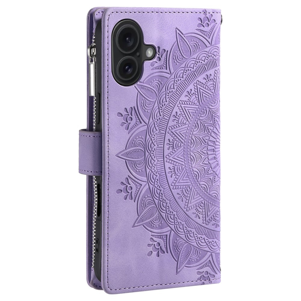 iPhone 16 Leder Tasche Flip Cover mit Reissverschluss - Mandala Flowers Imprint - Lila