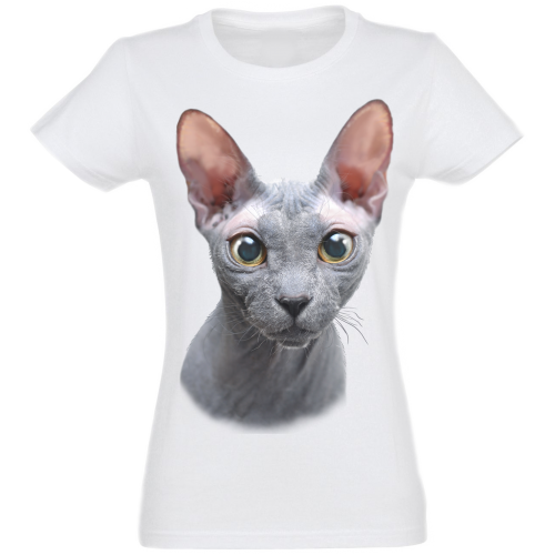 Camiseta feminina com estampa de gato egípcio, branca.