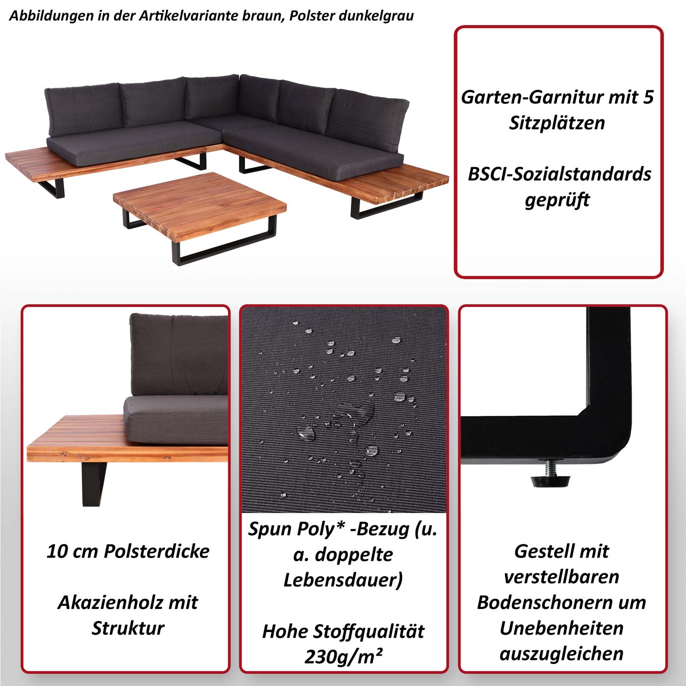 Garten-Garnitur MCW-H54, Garnitur Sitzgruppe Lounge-Set, Spun Poly Akazie Holz MVG Alu ~ braun, Polster cremeweiß