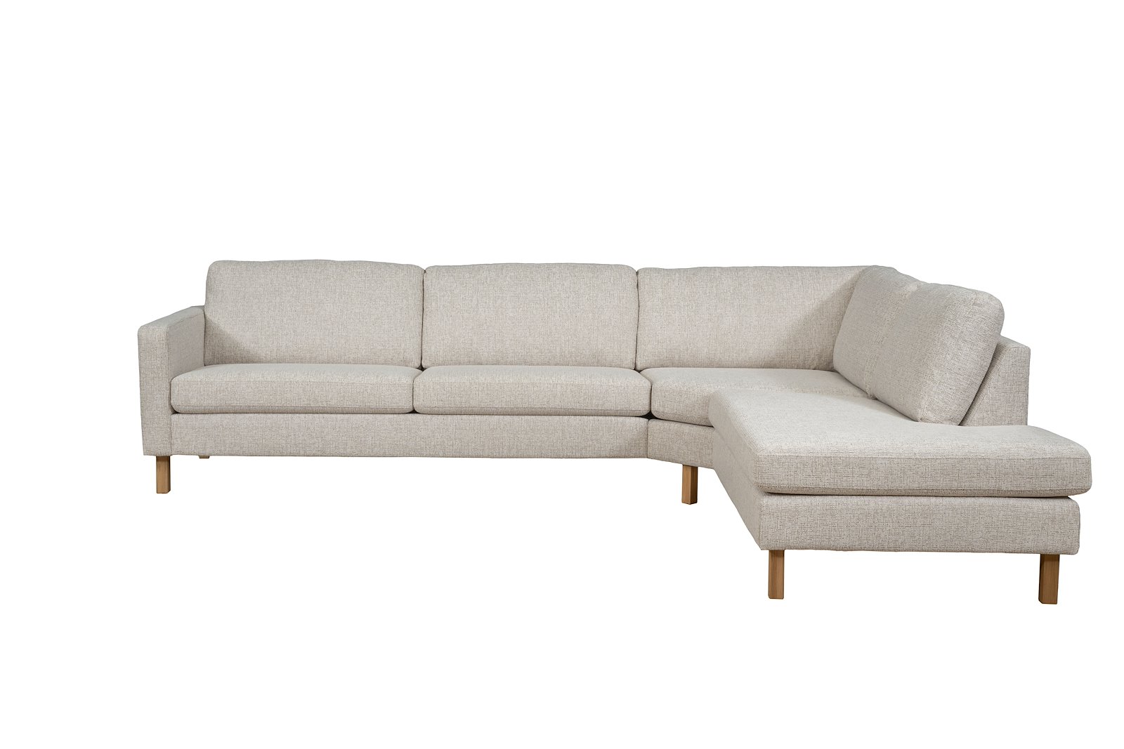 Mandal hjørnesofa Oppsett RHB. 3-seter med åpen ende høyre. Big hjørnemodul. Tekstil Nivus 203 Lin Creme. Arm 16, Duo puter, Firkantet ben 16 cm Natur. Skum