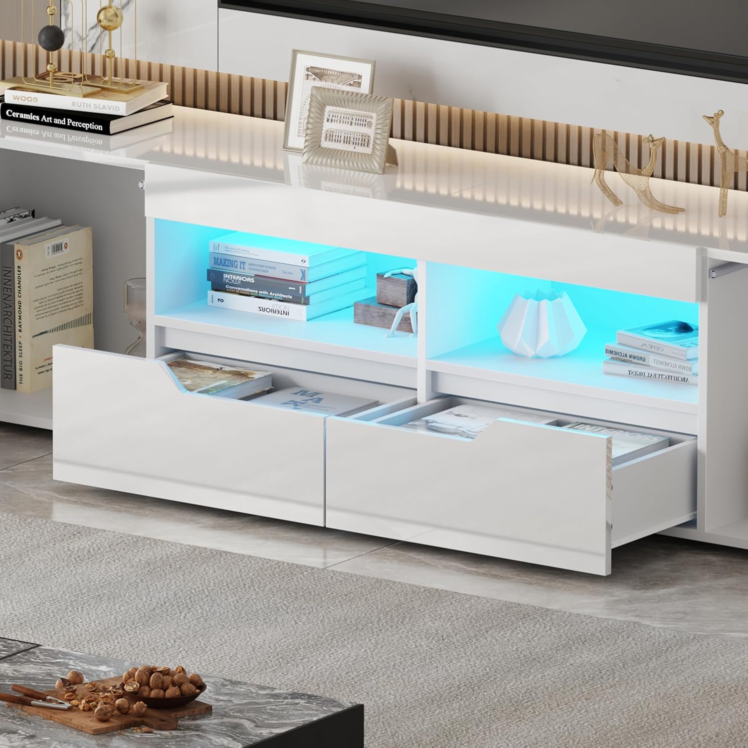 Hochglanz TV Schrank 200 cm mit 16 LED Farben – Modernes TV Lowboard für 65–85 Zoll Fernseher, TV Möbel mit 2 Schubladen & Schränken, Griffloses TV Board für Wohnzimmer (Weiß)