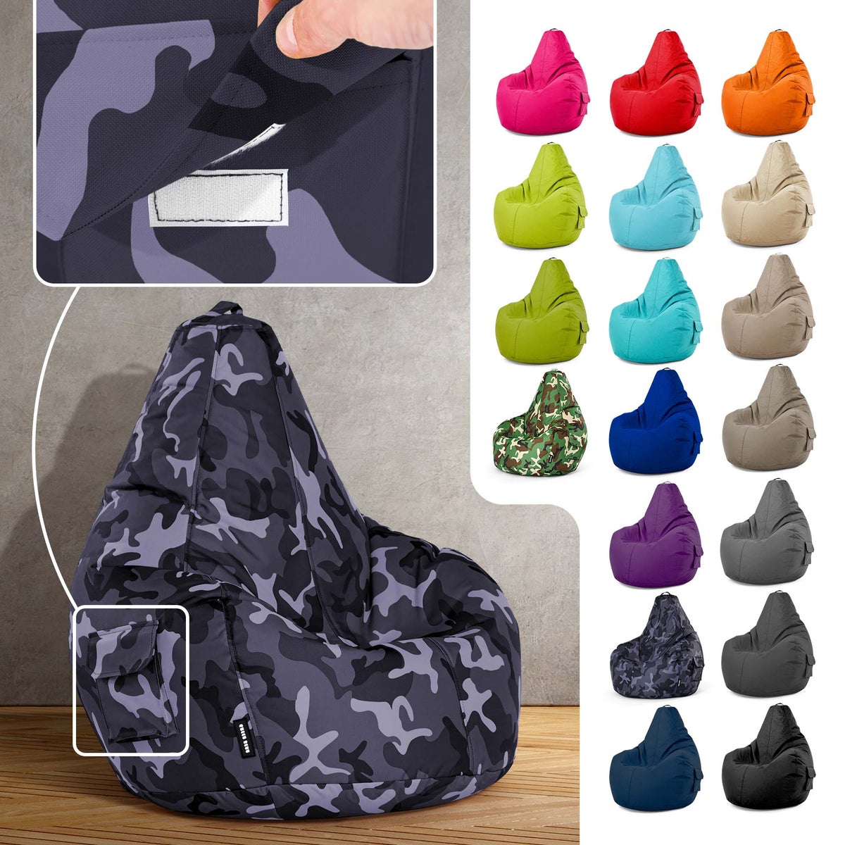 Green Bean Zitzak met rugleuning 80x70x90cm - Gaming stoel met 230L vulling, comfortabel, zacht, wasbaar - Zitzak vloerkussen, loungestoel, voetenbank, relaxstoel, gamer gaming stoel, camouflage