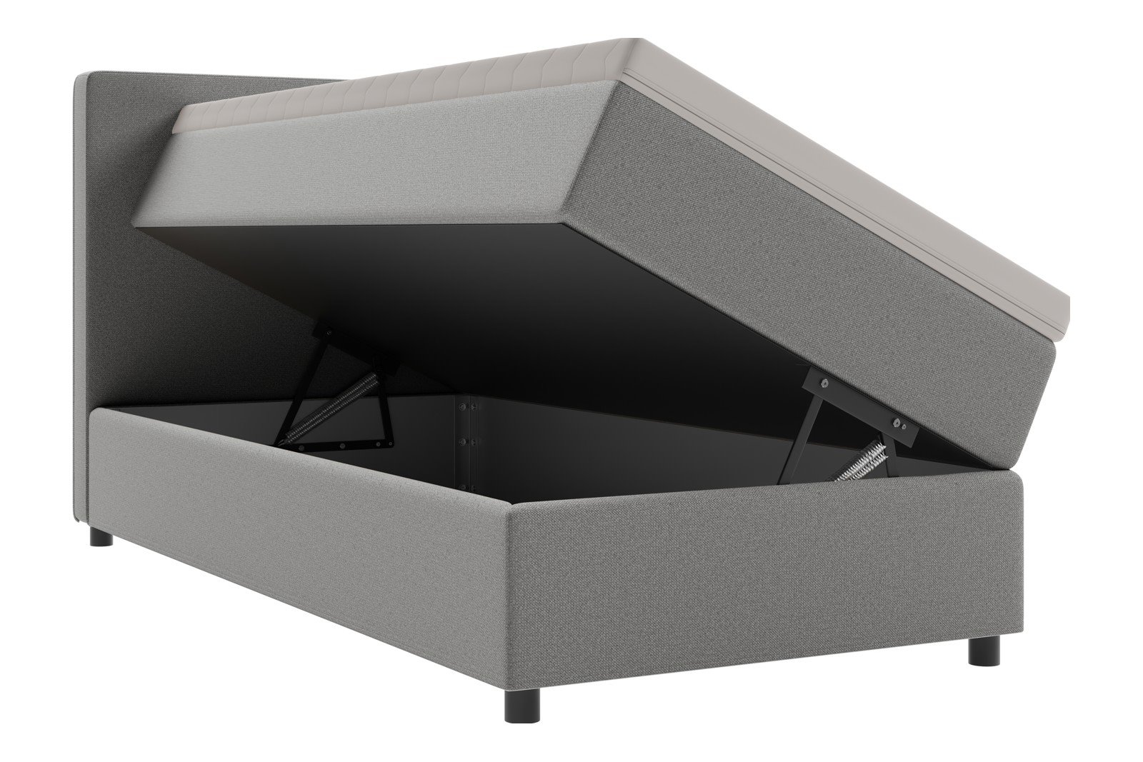 Premium 10 oppbevaringsseng 90x200 cm Magasinseng med oppbevaring, åpnes fra siden. I tekstil terranova 4 beige, med fast fasthetsgrad og premium 10 overmadrass,sorte ben. Sengegavl selges separat.