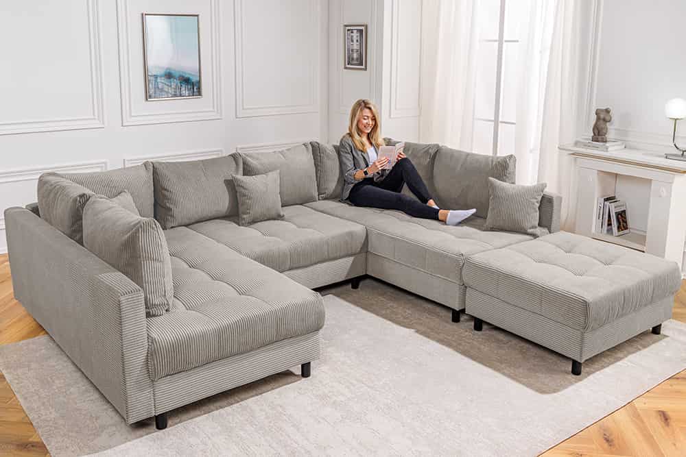 Moderne XXL Wohnlandschaft KENT 305cm greige Cord Bigsofa inkl. Hocker Federkern