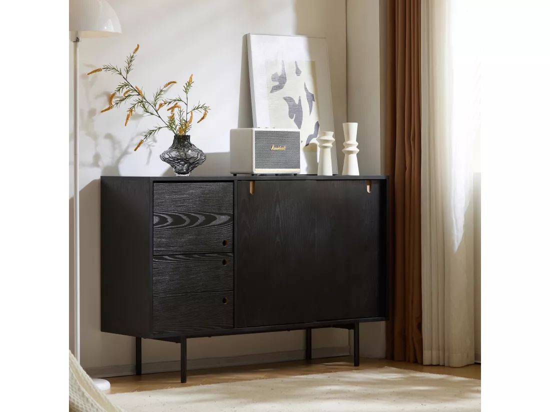 Buffet moderne avec 2 tiroirs et 3 portes - 120 x 35 x 78 cm - Panneau de particules et métal - Noir