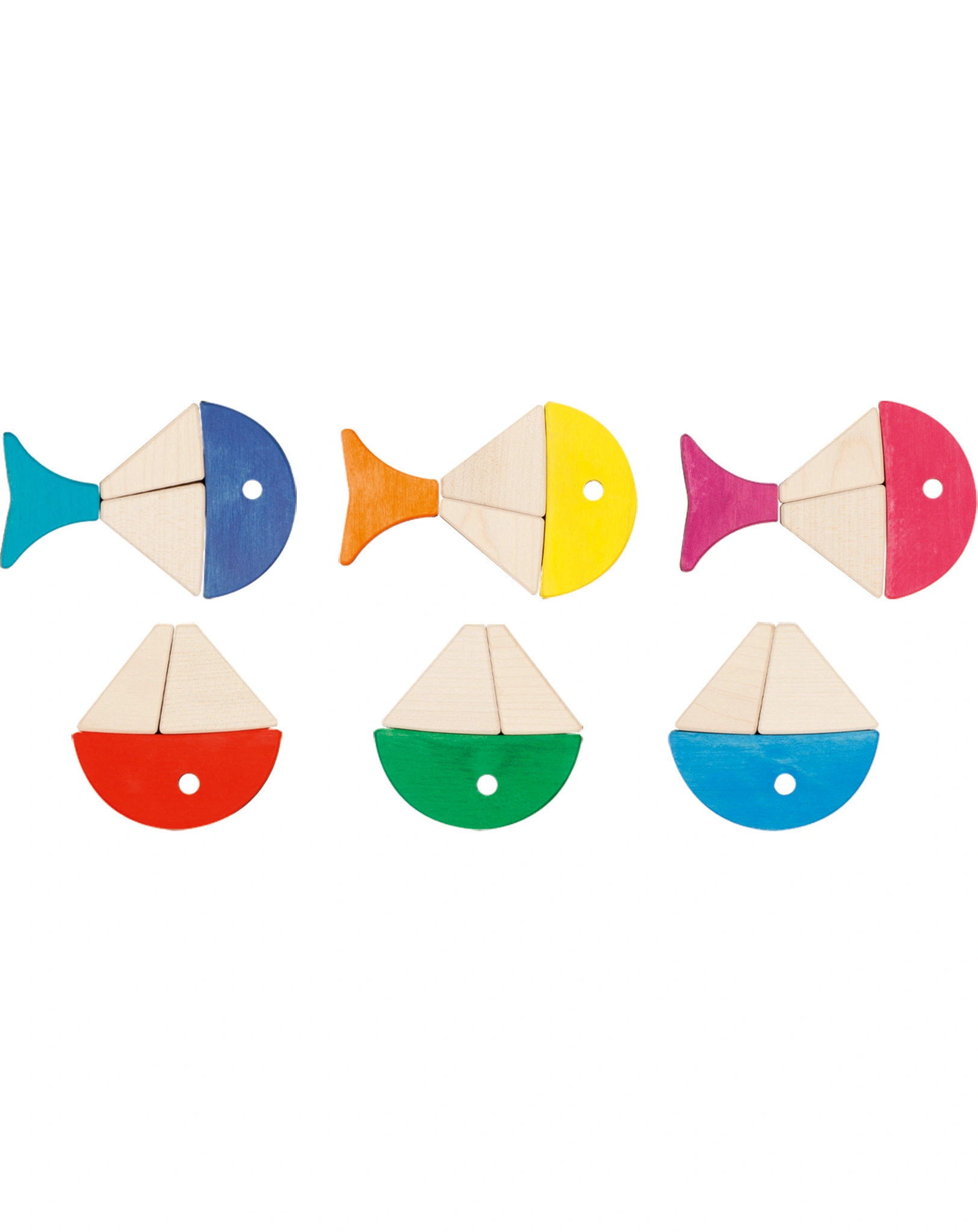 Bausteinkasten 6 BUNTE FISCHE aus Holz