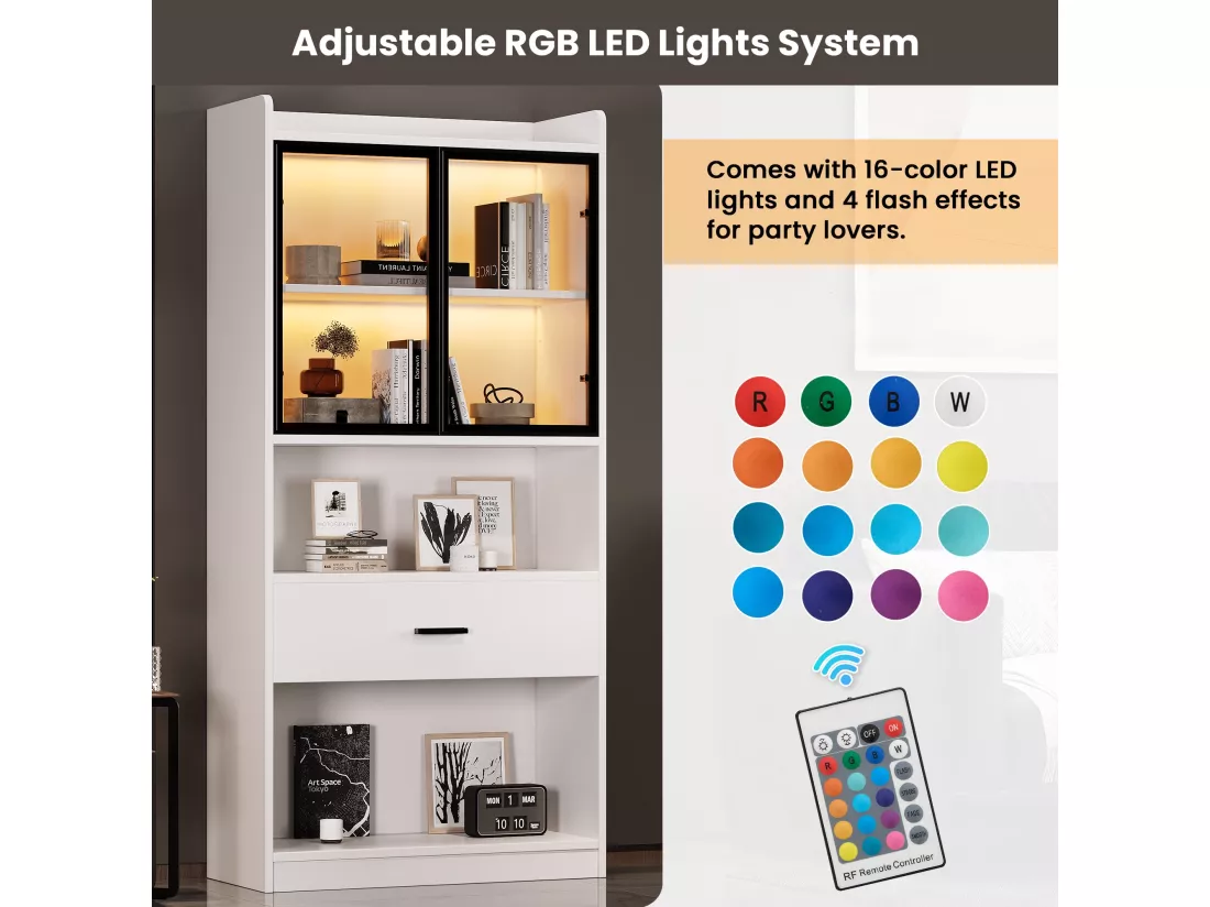 Vitrine 32x80x153.5 cm avec LED - 2 portes vitrées et 1 grand tiroir - Blanc