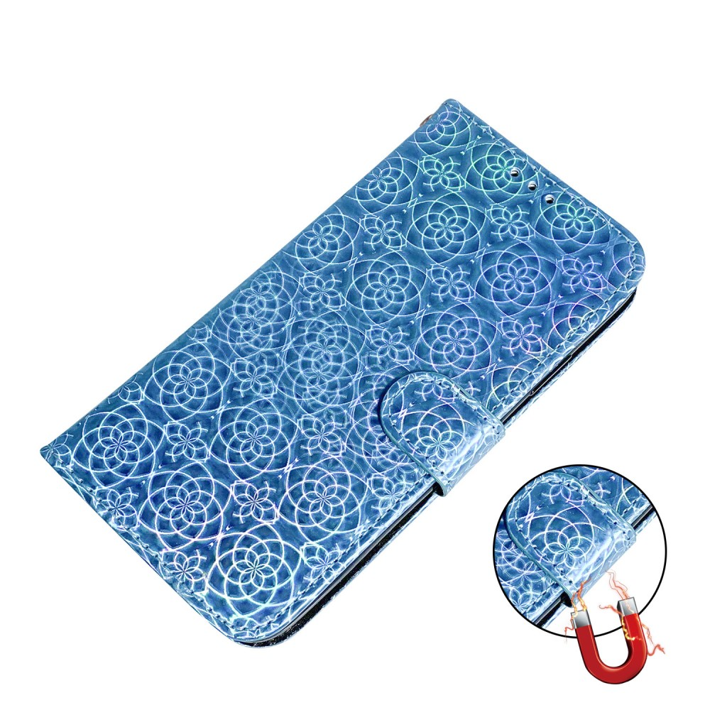 iPhone 13 Pro Leder Tasche Wallet mit Flower Laser Hologramm - Blau