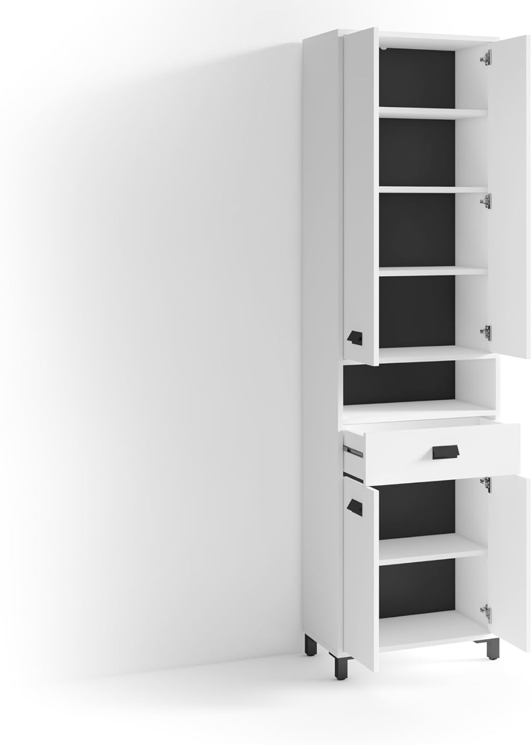 byLIVING Badezimmer-Hochschrank Wellness in Melamin weiß, Griffe aus Metall in schwarz/Badezimmerschrank 4 Türen mit offenen Elementen & viel Stauraum/B 54, H 193, T 31 cm
