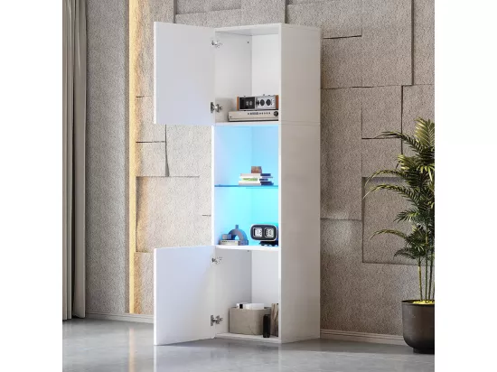 Vitrine LED brillante avec éclairage 1 étagère en verre vitrine sur pied armoire haute blanc