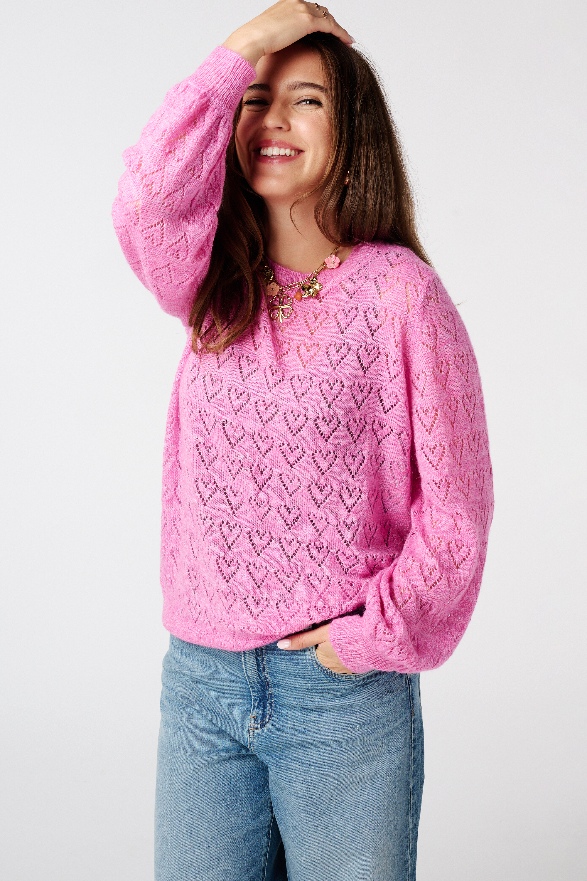 Ajour trui met hartjes patroon Pink