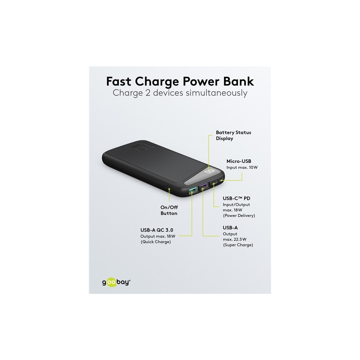 Goobay Hurtigladende Powerbank 10 000 mAh (USB-C™ PD, QC 3.0)