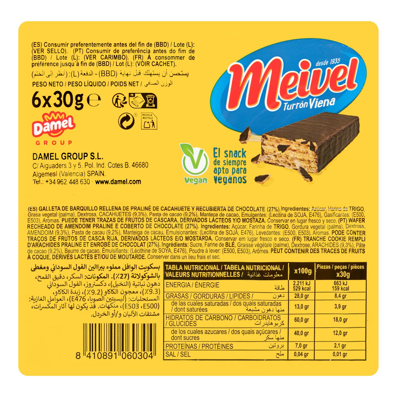 Barres de gaufrettes Meivel fourrées au nougat viennois, aux cacahuètes et au citron