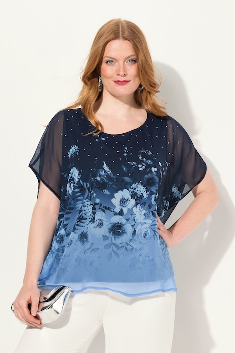 Blusenshirt, oversized, Chiffon mit Blüte, Jersey
