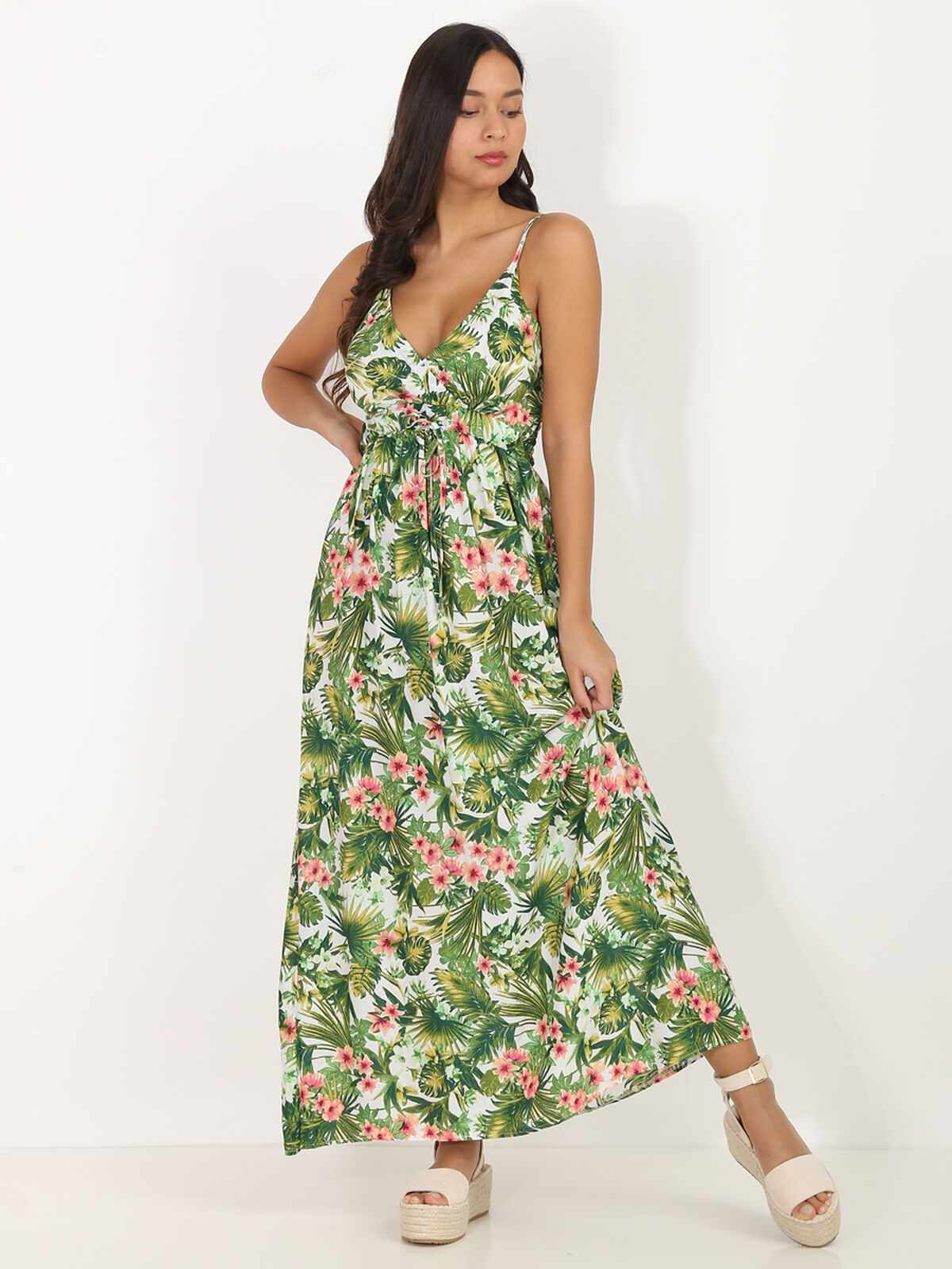 Robe longue à bretelles et motif tropical- Blanc